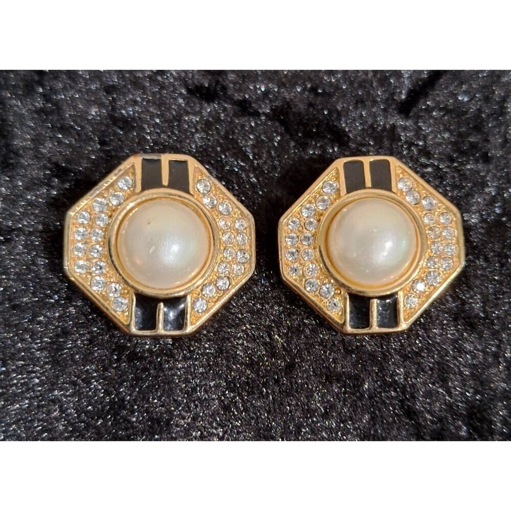 Vintage Swarovski SALO Gold Tone Faux Pearl & Crystal Octagonal Clip-On Earrings